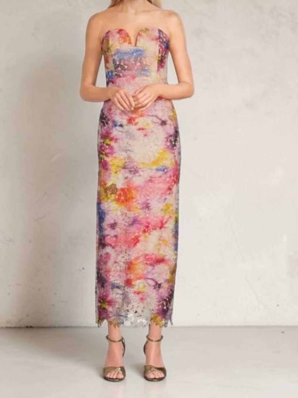 Badgley Mischka Strapless Floral Lace  Midi Dress